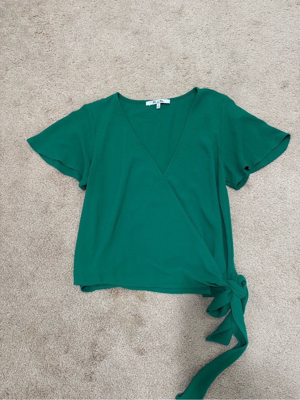 Par La Mer Emerald Green Flutter Sleeve Wrap Top with Side Tie